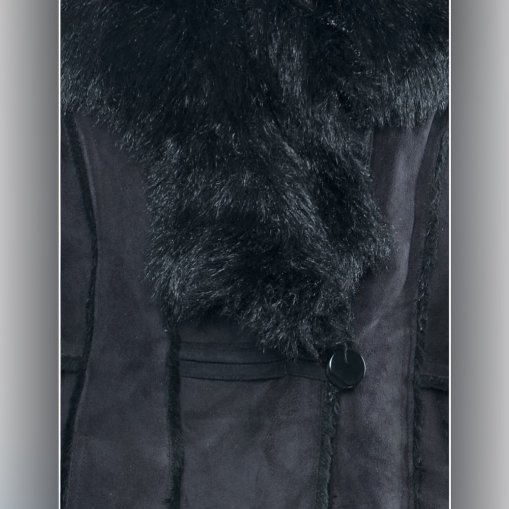 VINTAGE | L Faux Mink Faux Suede Super soft V-Neck Fall Winter Cozy Black Jacket - Picture 4 of 12